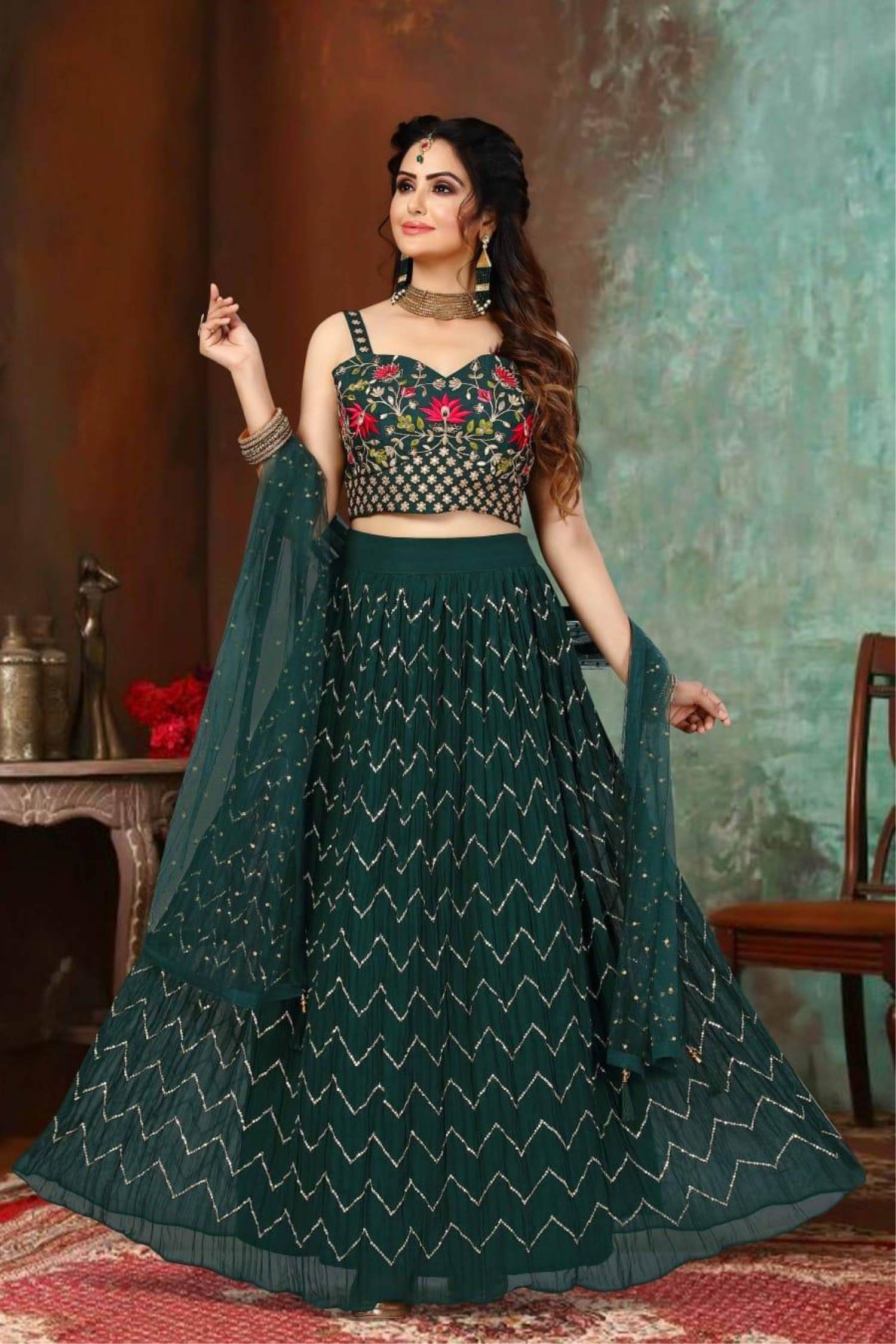 Buy Bottle Green Net Wedding Wear Lehenga Choli With Zari Work Online -  LLCV01846 | Andaaz Fashion