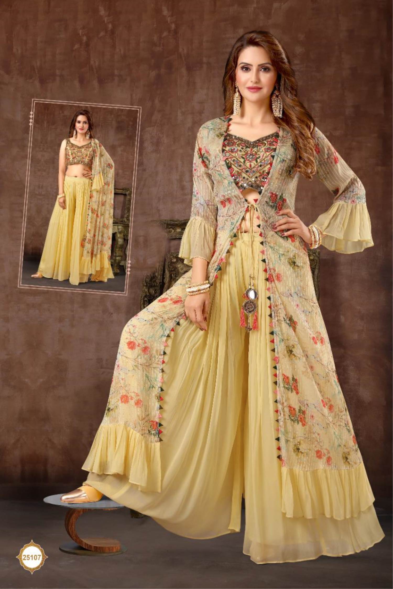 Singer Shreya Ghoshal Style Yellow Gown With Long Koti
