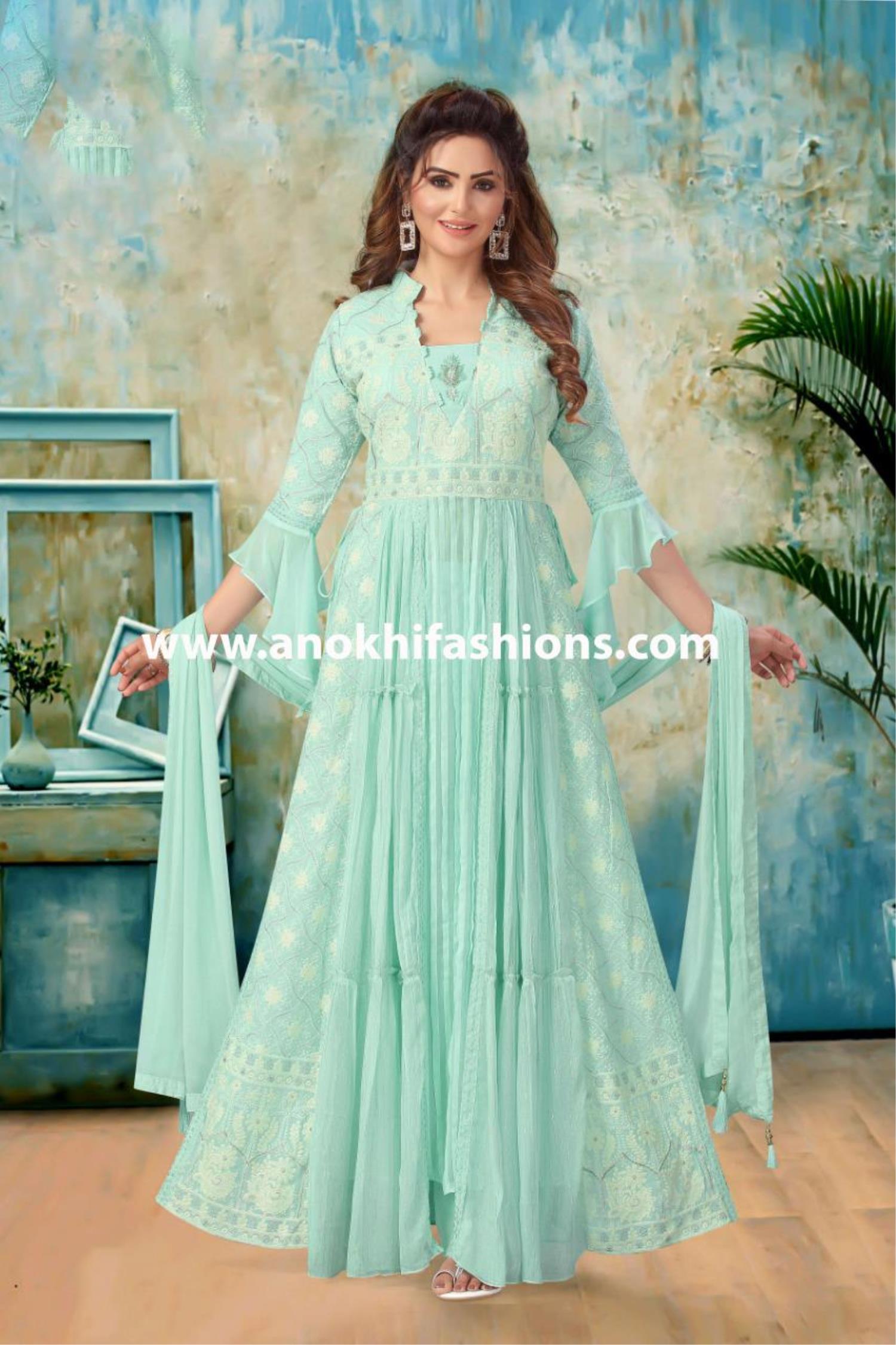 Blue Chanderi Silk Readymade Ankle Length Anarkali Suit 162458 | Contrast  dress, Beautiful dress designs, Designer dresses indian