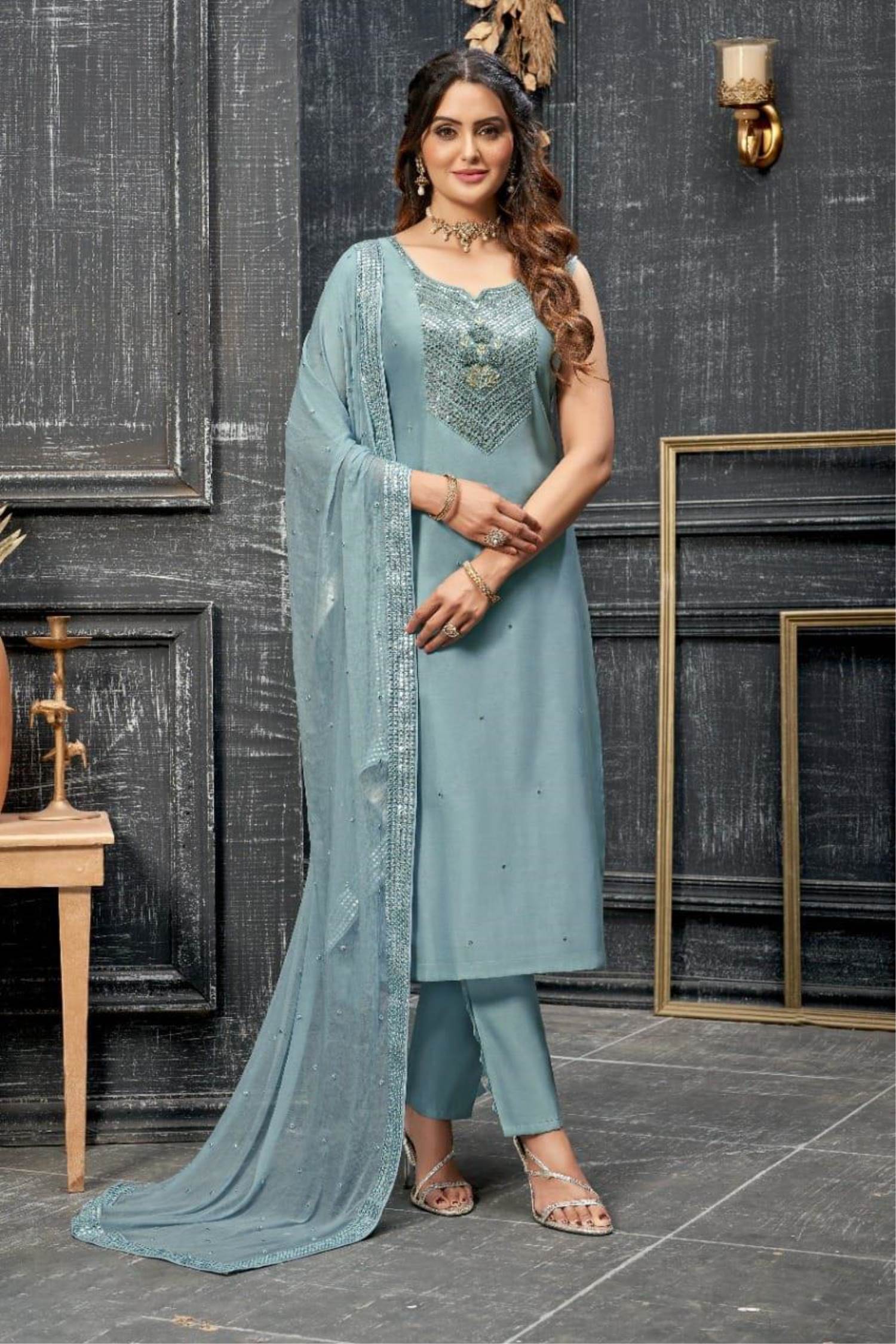Sea Green Color Party Wear Straight Long Suit With Dupatta 