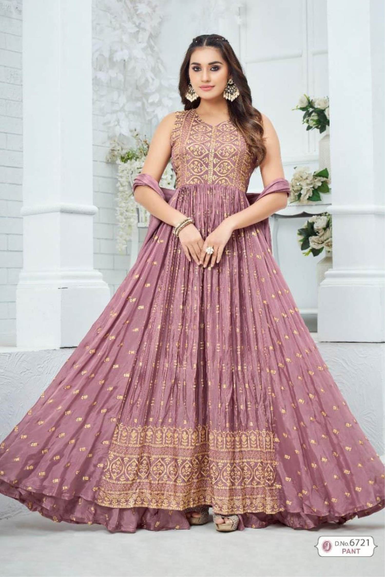 Onion Pink Chinon Zari and Sequin Embroidered Suit Set at Soch