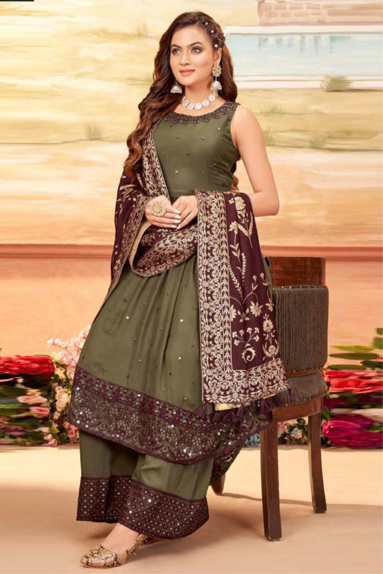 Buy Indo-Western Mehndi Sleeveless Bollywood Dresses Online for Women in USA