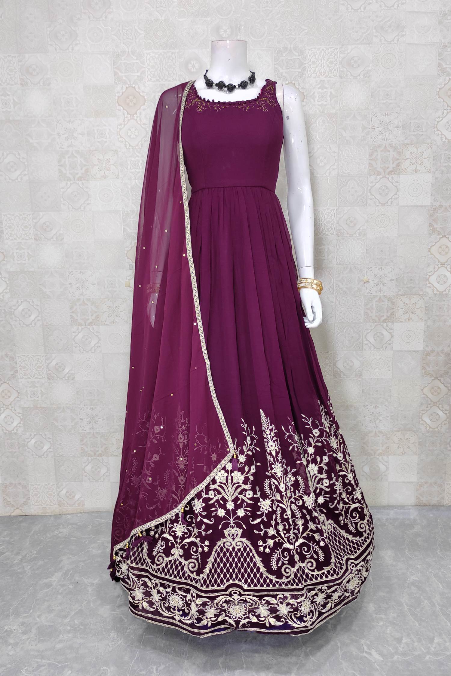 Fashionable Grape Wine Anarkali Dress Set for Women