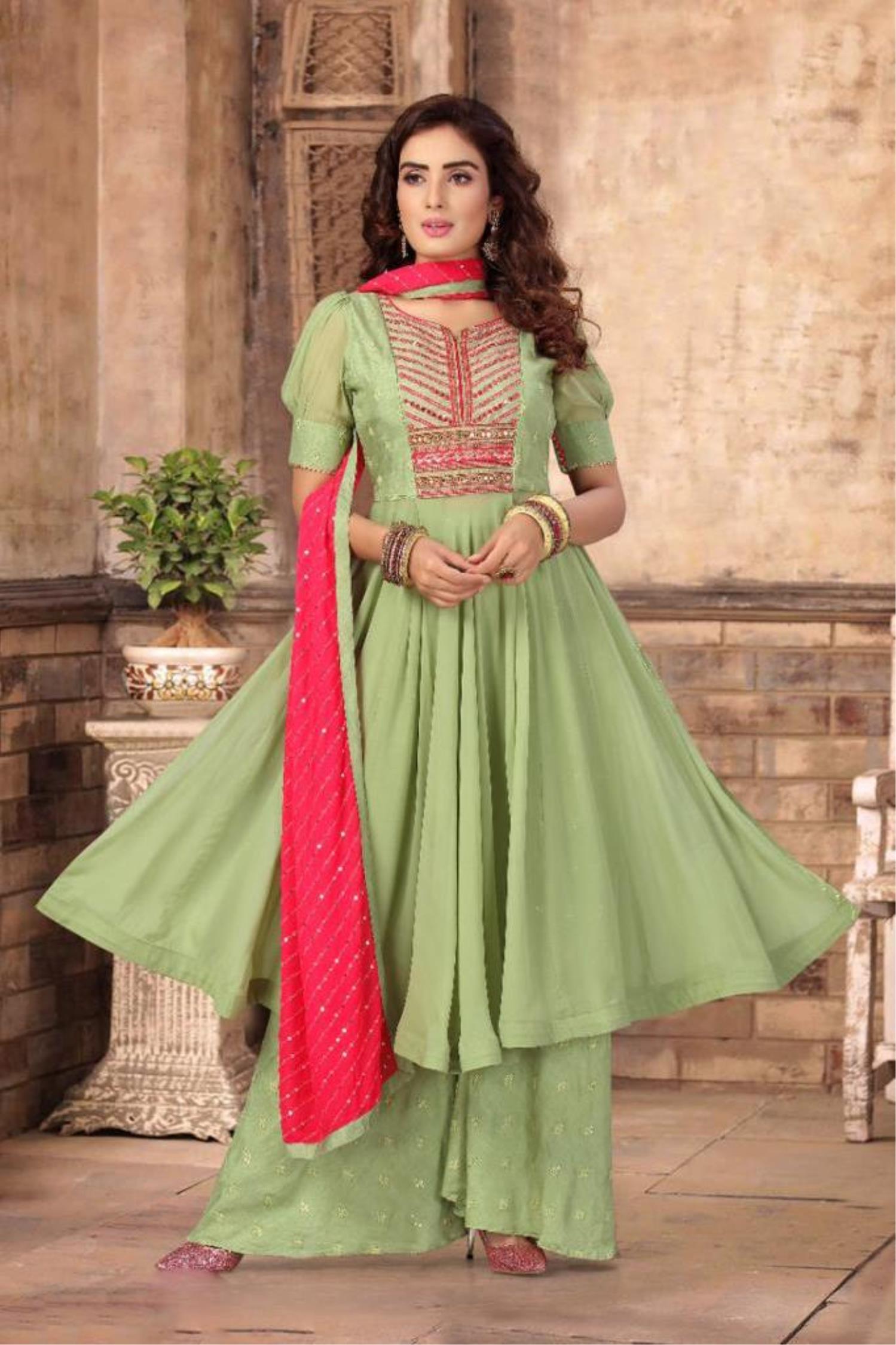 Pista Color Party Wear Plazo Suit With Dupatta :: ANOKHI FASHION