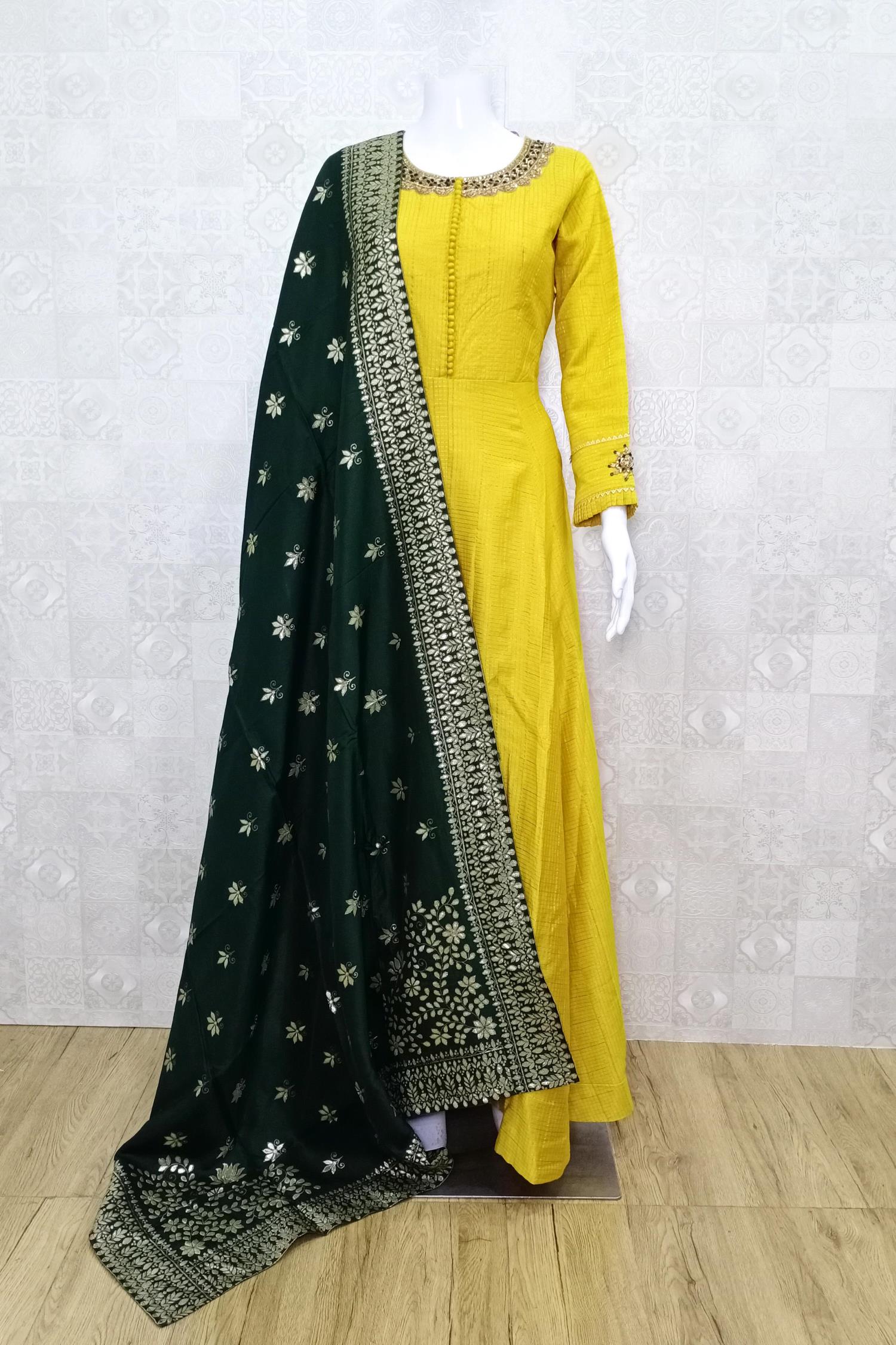 Yellow Color Party Wear Gown with Green Dupatta :: ANOKHI FASHION