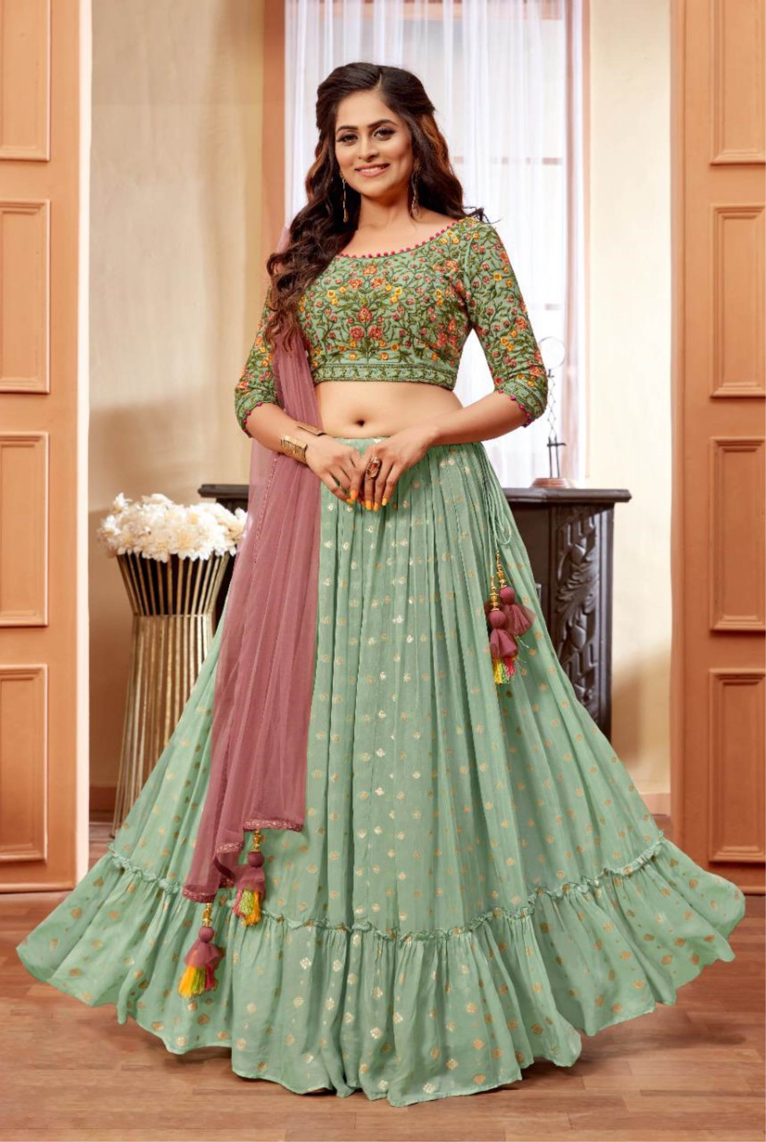 Soft Net Embroidery Lehenga Choli In Pista Green Colour - LD4900029