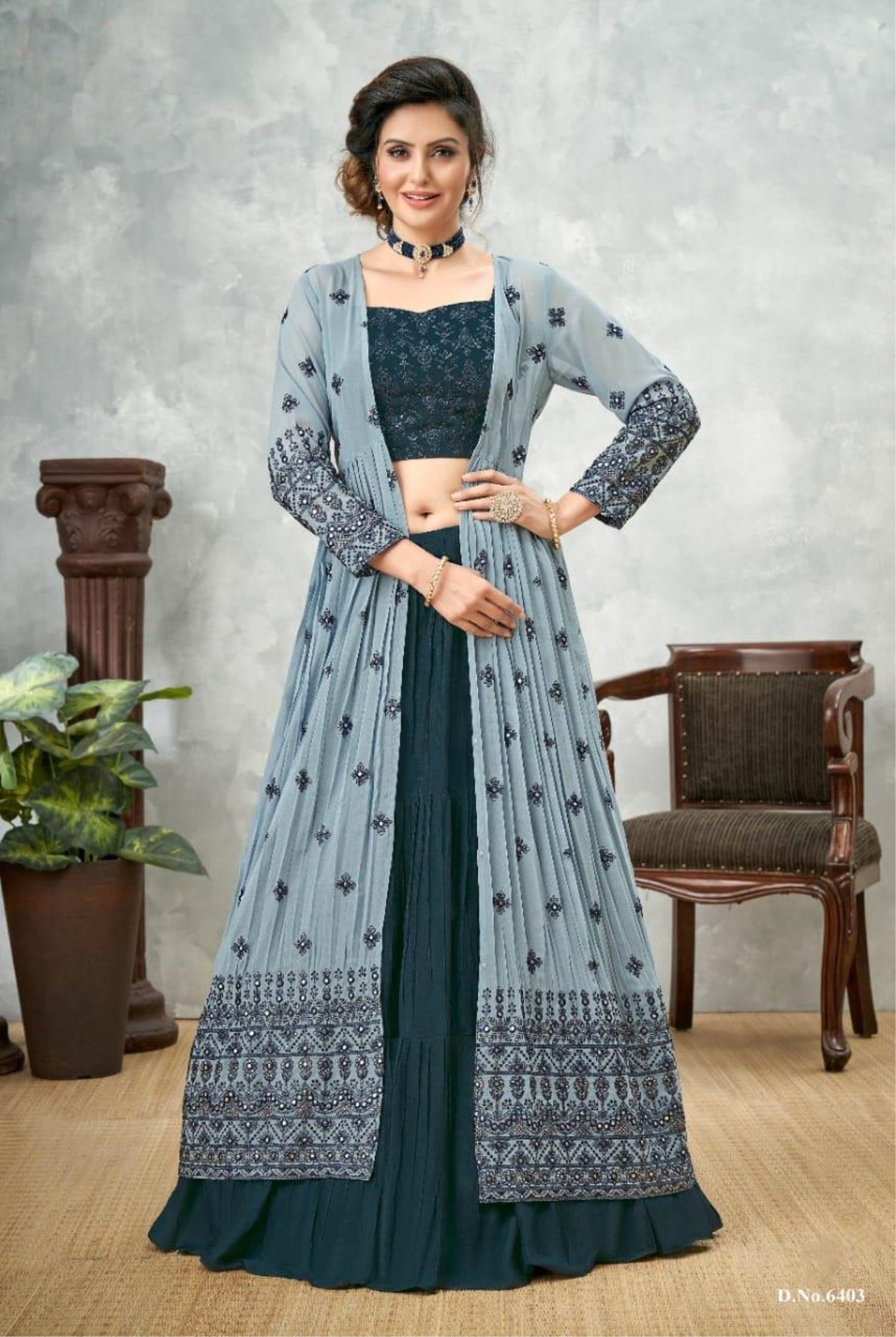 Blue Color Party Wear Lehenga Choli With Long Koti ANOKHI FASHION