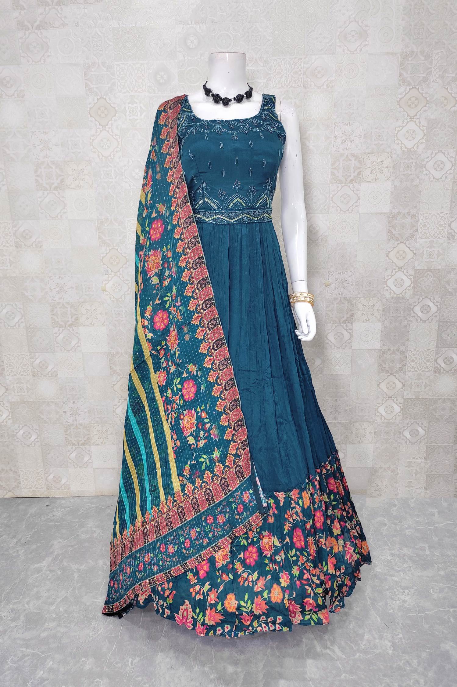 Peacock Blue Color Party Wear Designer Gown With Belt :: ANOKHI FASHION