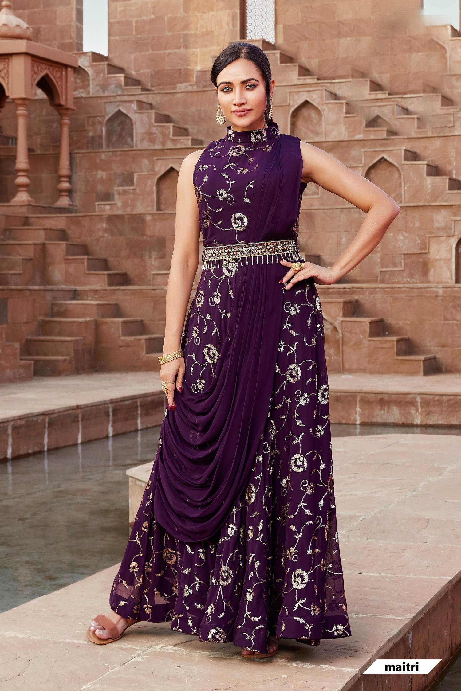 Wine Color Georgette Gown with Embroidery work and Duppatta – ThreadLooms