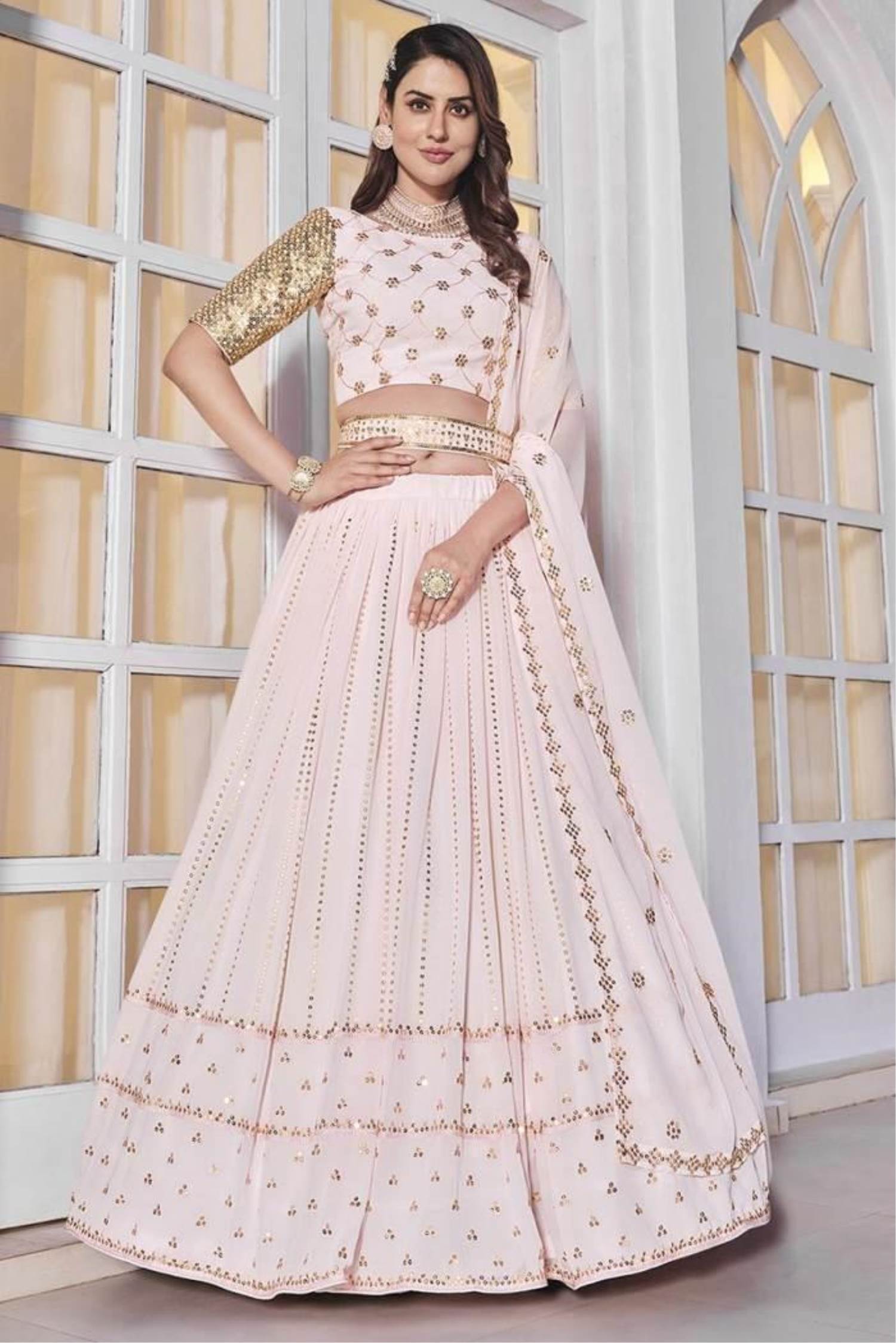 Buy Festival Wear Light Pink Net Embroidered Lehenga LLCV116038