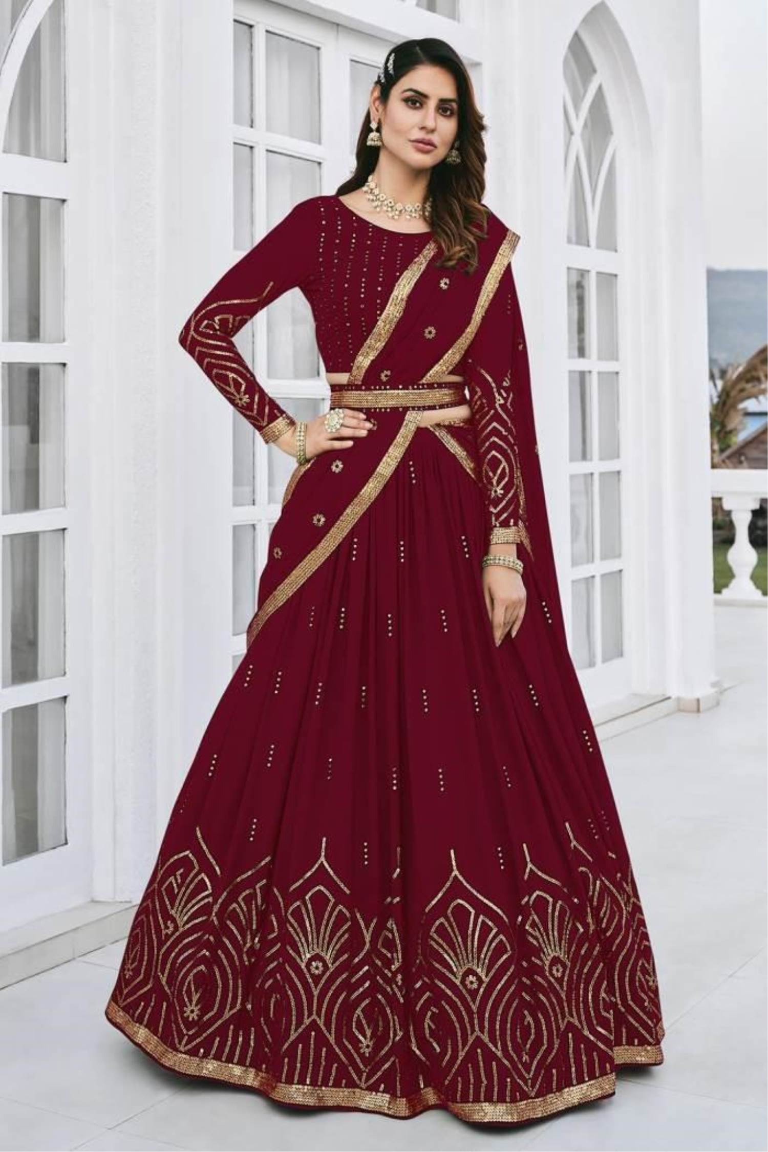 Maroon Party Wear Full Heavy Embroidery Work Gown With Dupatta – Amrutamfab