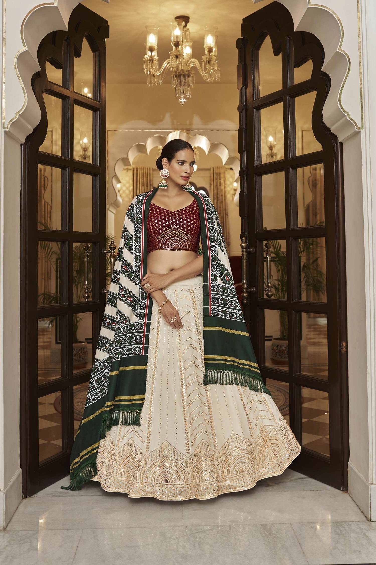 Buy White Indo Western Crop Top Lehenga With Long Maroon Jacket