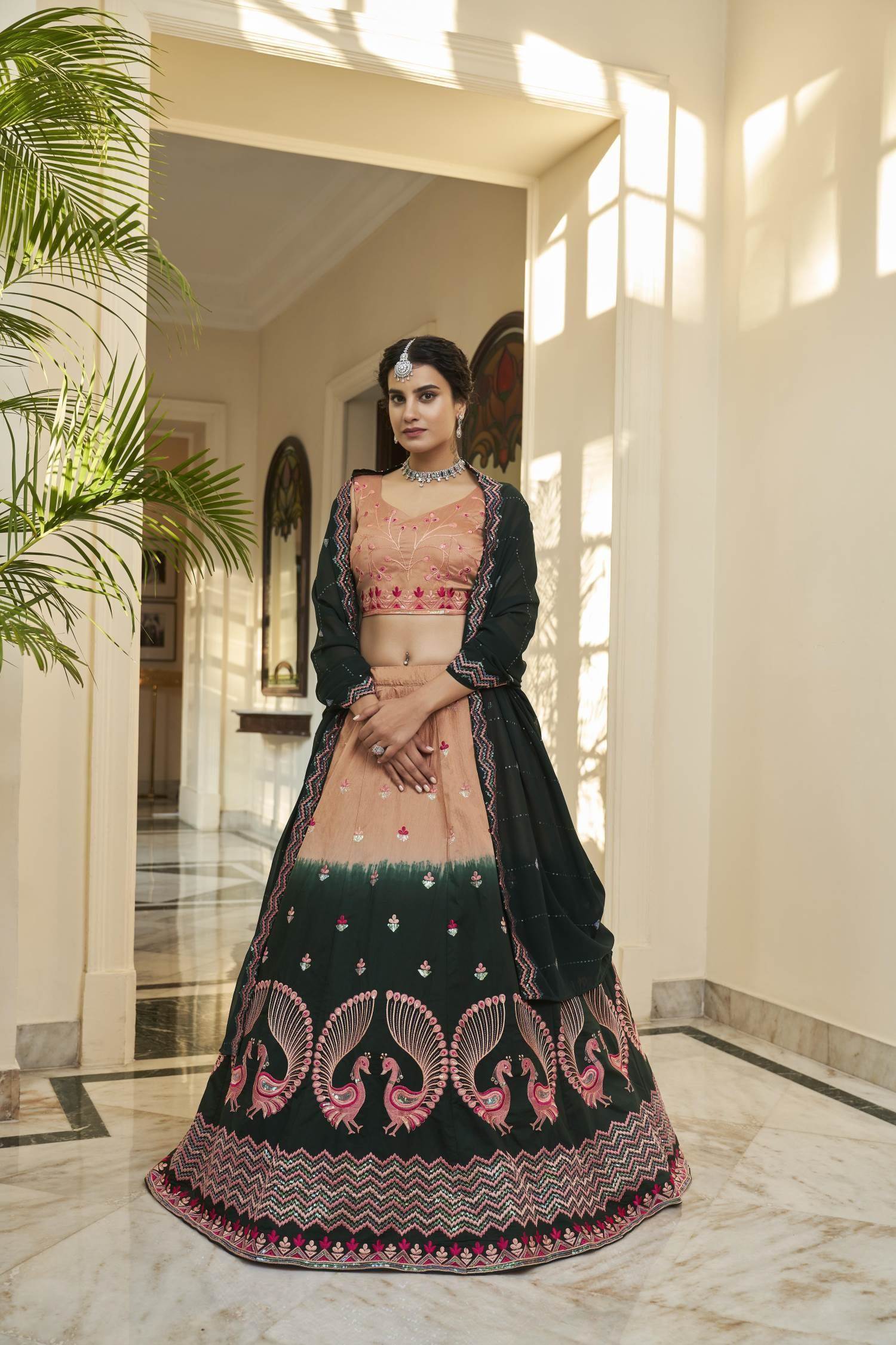 SwatiManish Lehengas SMF LEH 220 17 Bottle green lehenga with maroon sequin  dupatta and red thread… | Indian outfits lehenga, Green lehenga, Indian  designer outfits