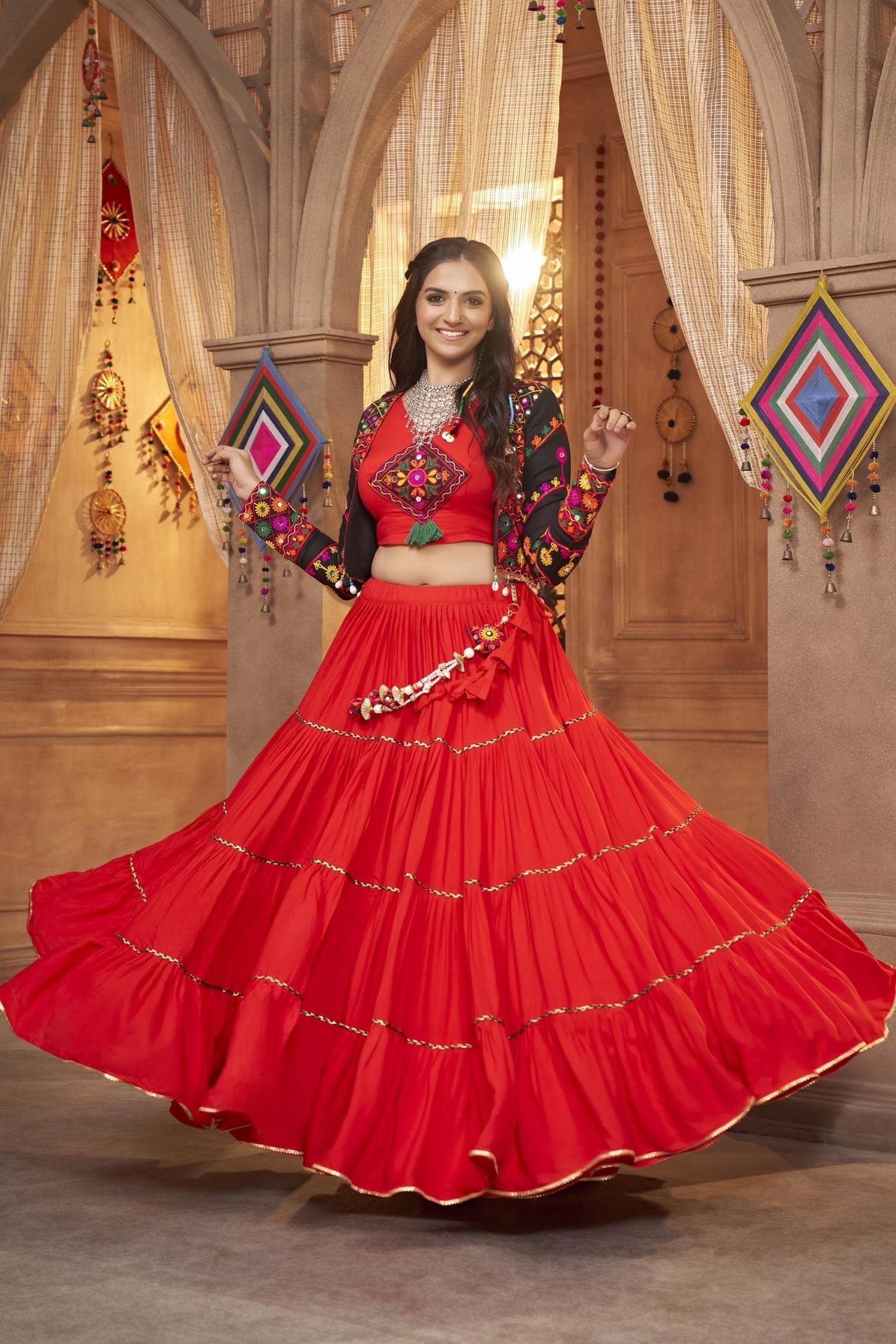 FABPIXEL Red & Gold-Toned Embroidered Sequinned Shibori Semi-Stitched  Lehenga & Unstitched Blouse With - Absolutely Desi