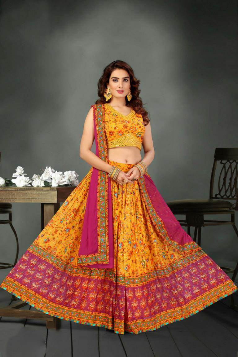 Buy Contrast Yellow and Magenta Lehenga Set with Mirror Highlights Online