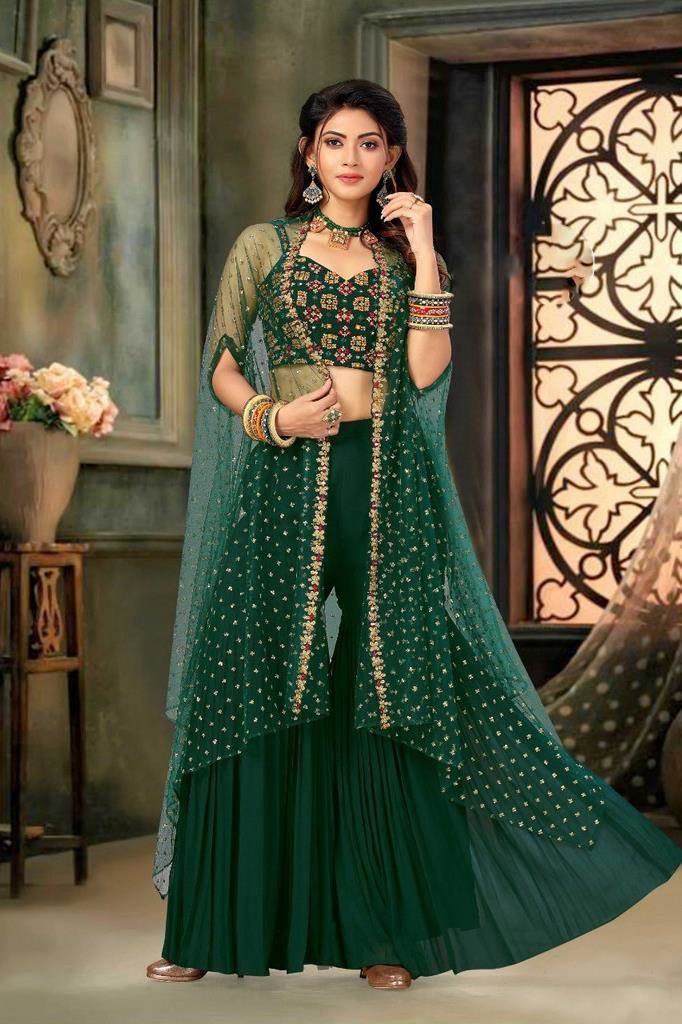 Dark Green Color Art Silk Indo Western Designer Lehenga Suit | Heenastyle