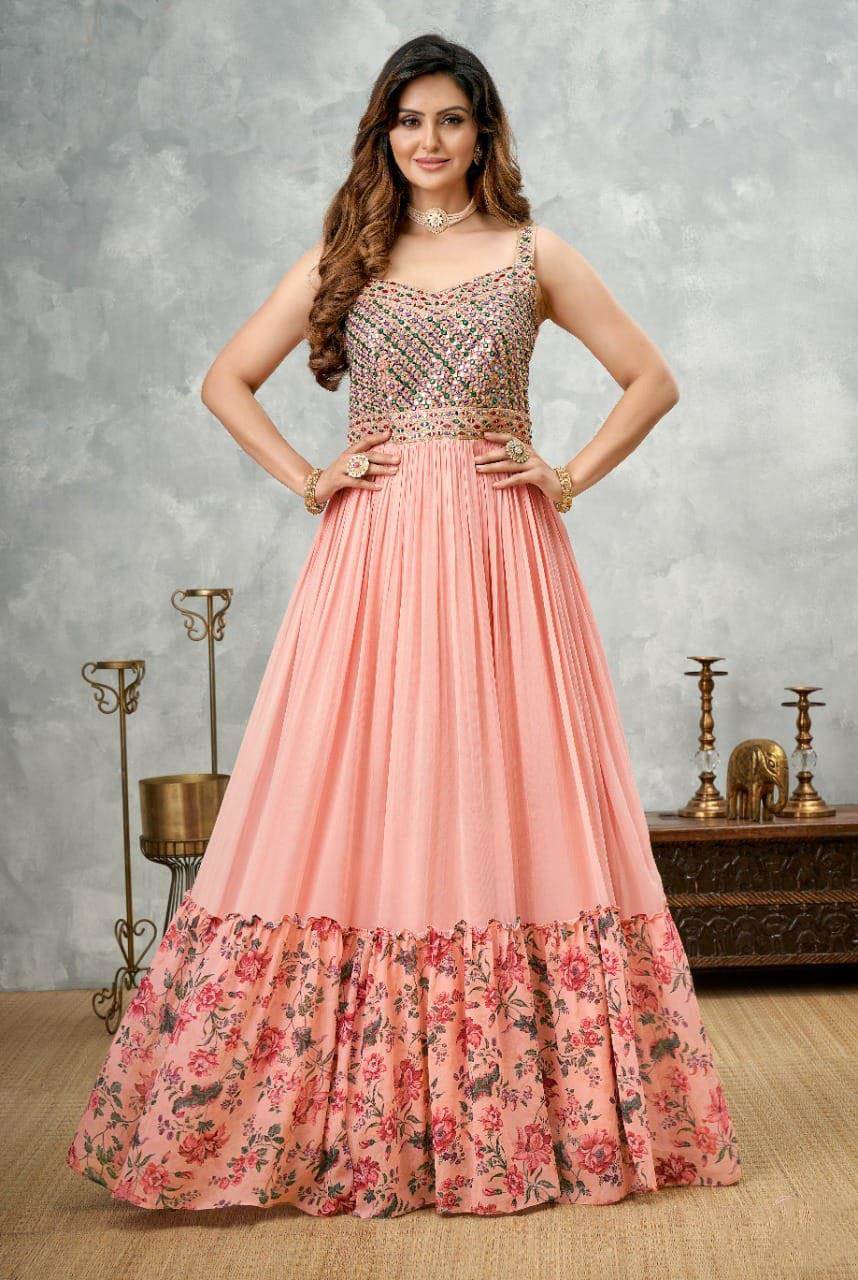 Peach Color Party Wear Designer Gown With Dupatta :: ANOKHI FASHION