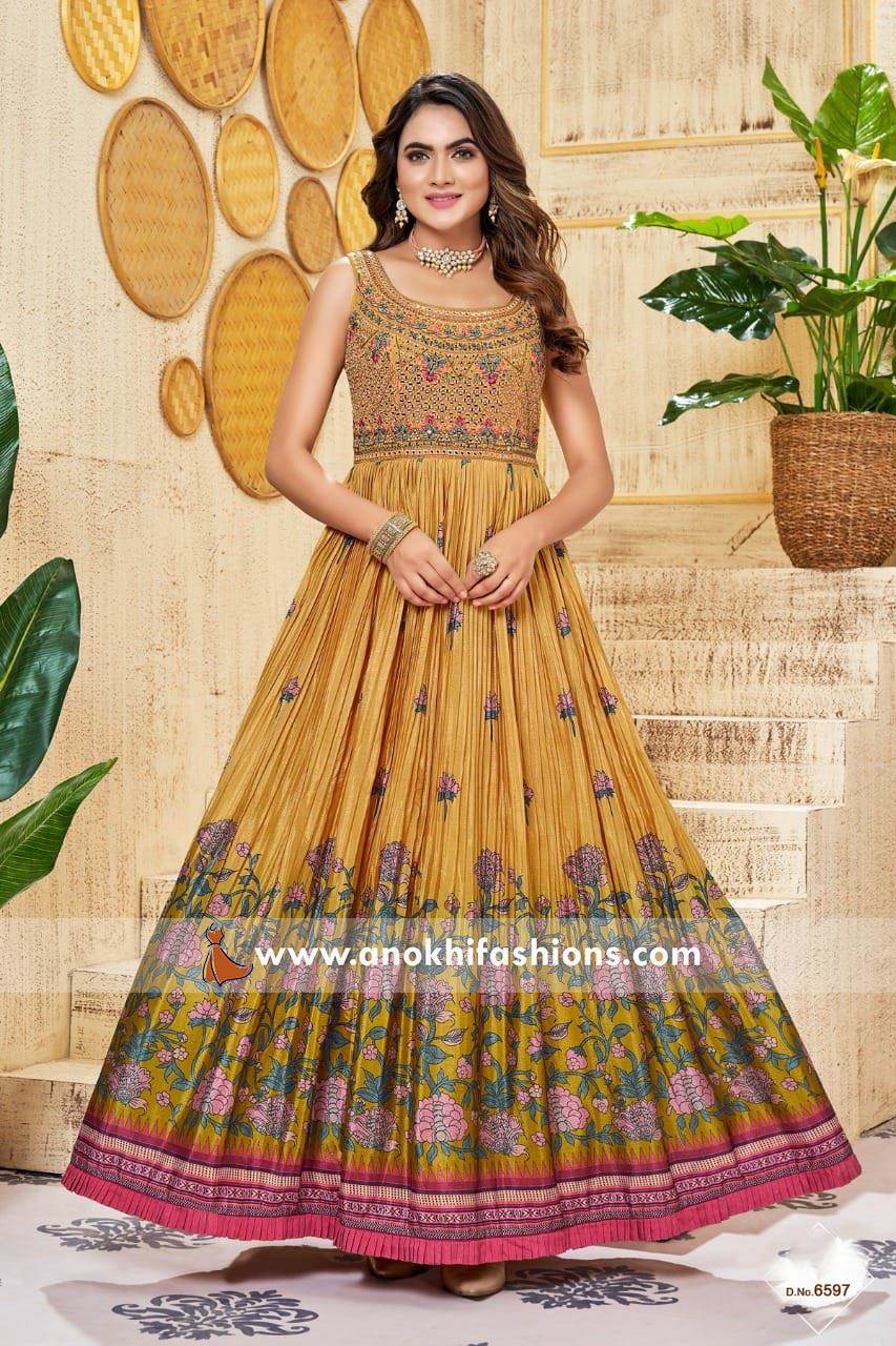 Mustard Color Party Wear Designer Gown :: ANOKHI FASHION