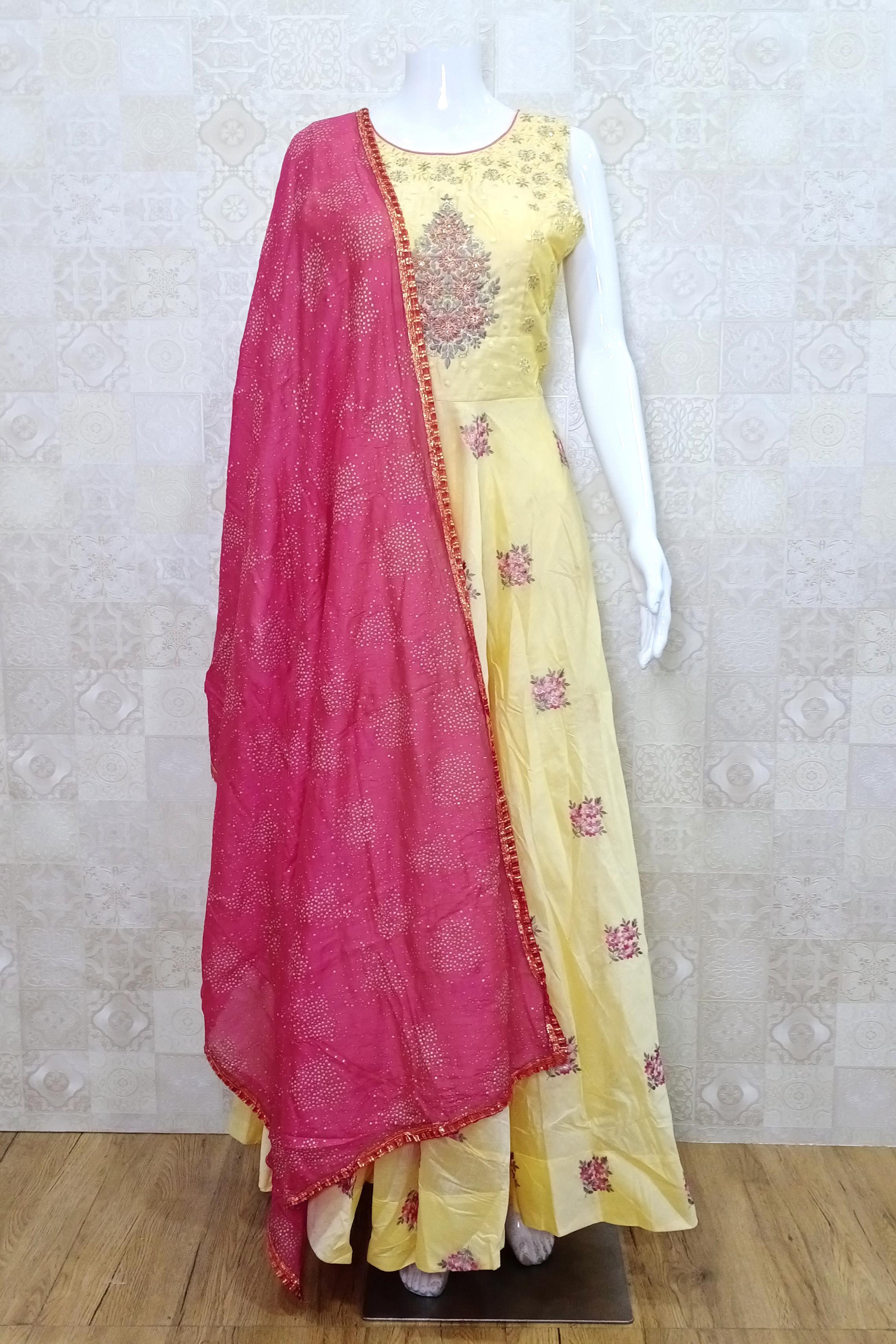 Yellow Color Party Wear Gown With Pink Dupatta :: ANOKHI FASHION