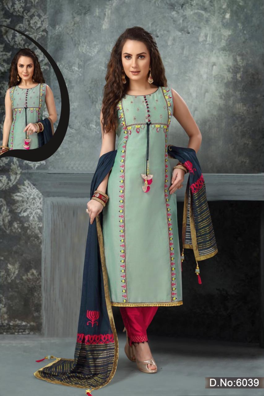 Sea Green Color Straight Long Dress With Blue Printed Dupatta 