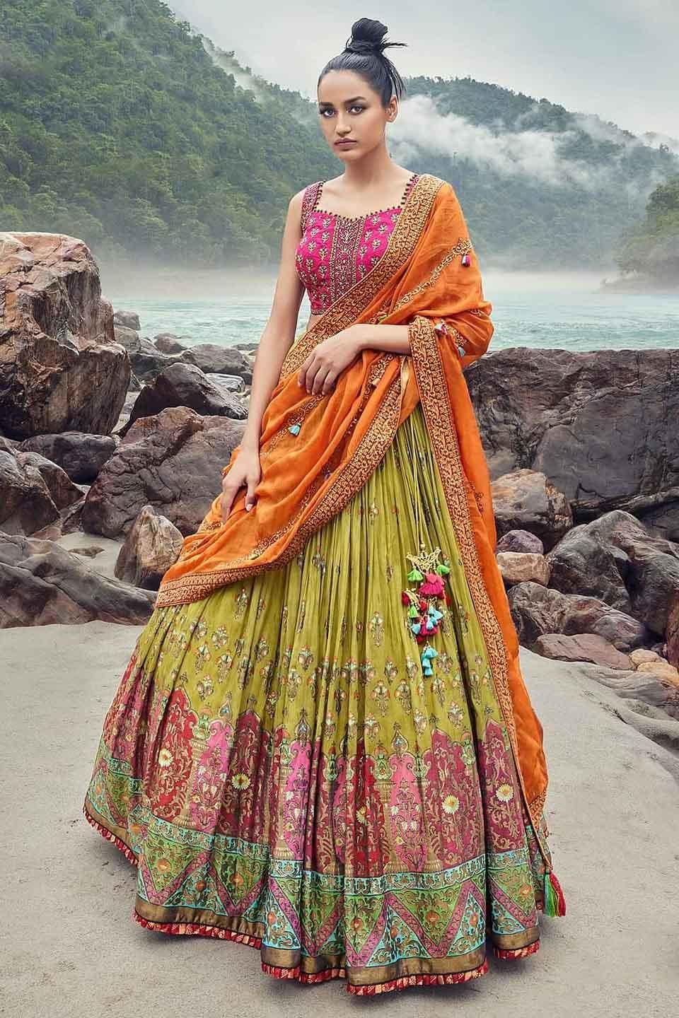 Orange Blouse Hot Pink Lehenga Orange Yellow Dupatta | Lehenga, Pink lehenga,  Indian wedding outfits