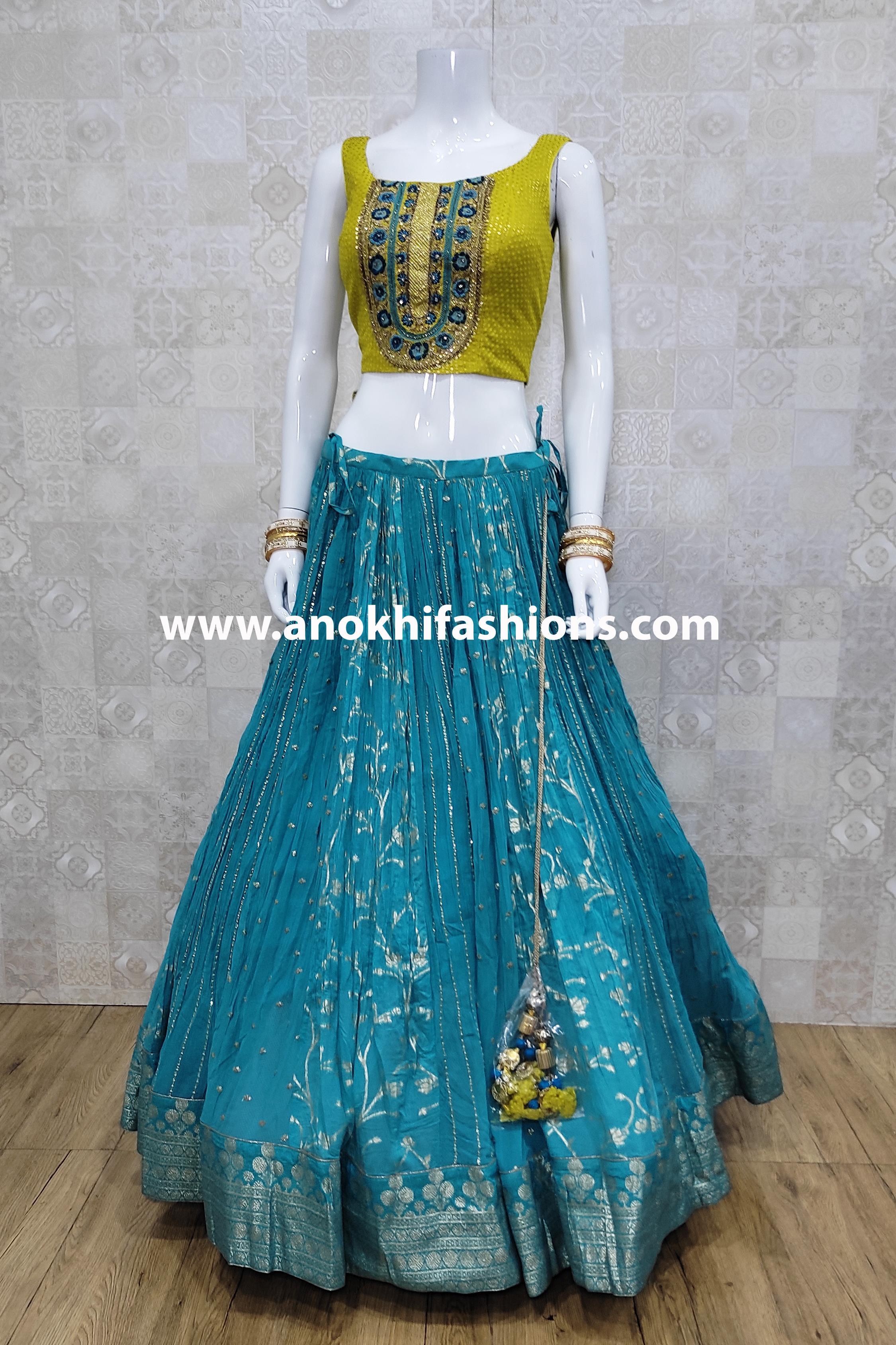 Pista Green And Navy Blue Elegant Designer Partywear Lehenga Choli –  Fashionfy