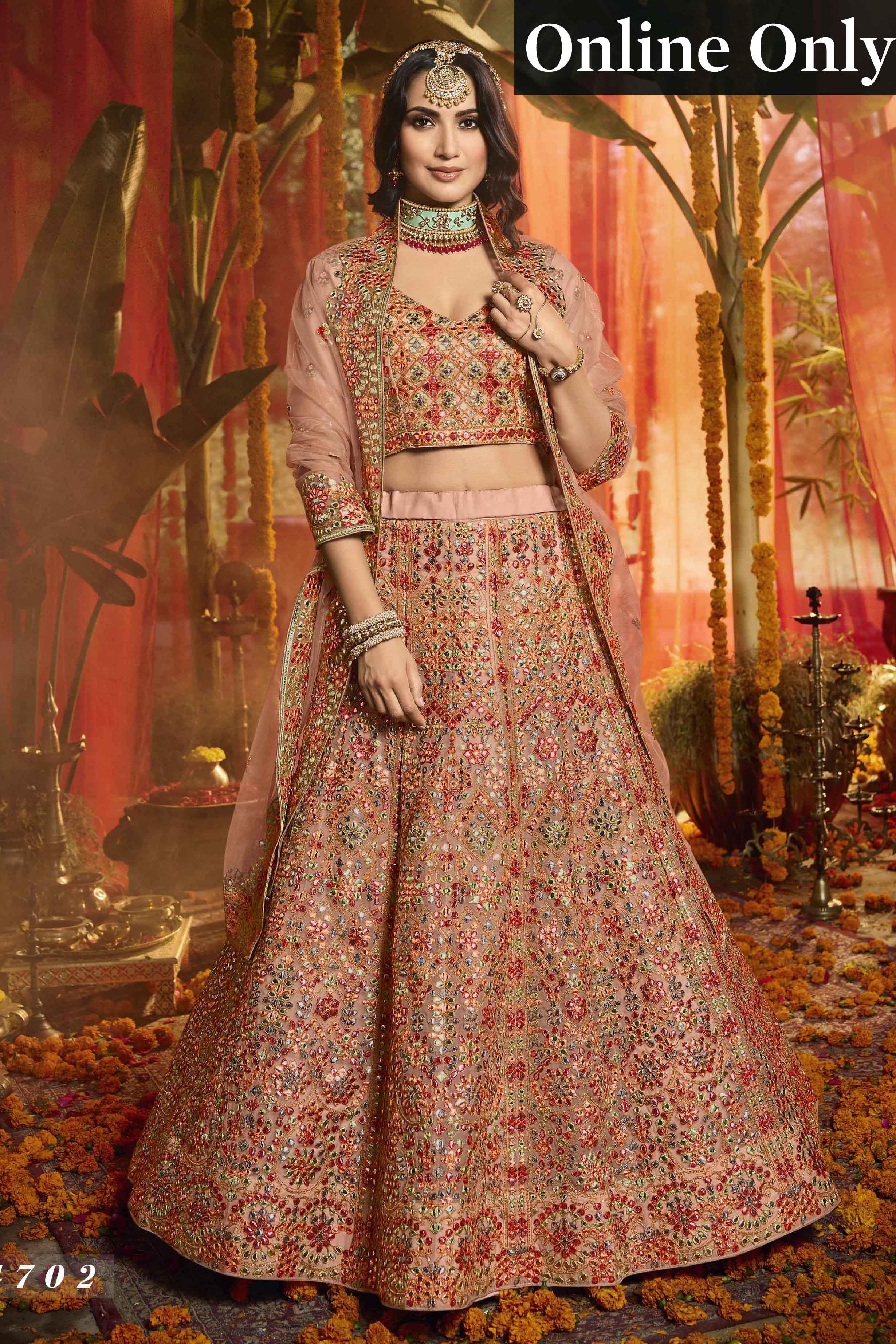 Soft Premium Net Party Wear Lehenga In Peach Color With Embroidery Work &  Stone Work - Mehendi Sangeet Lehenga - Lehenga