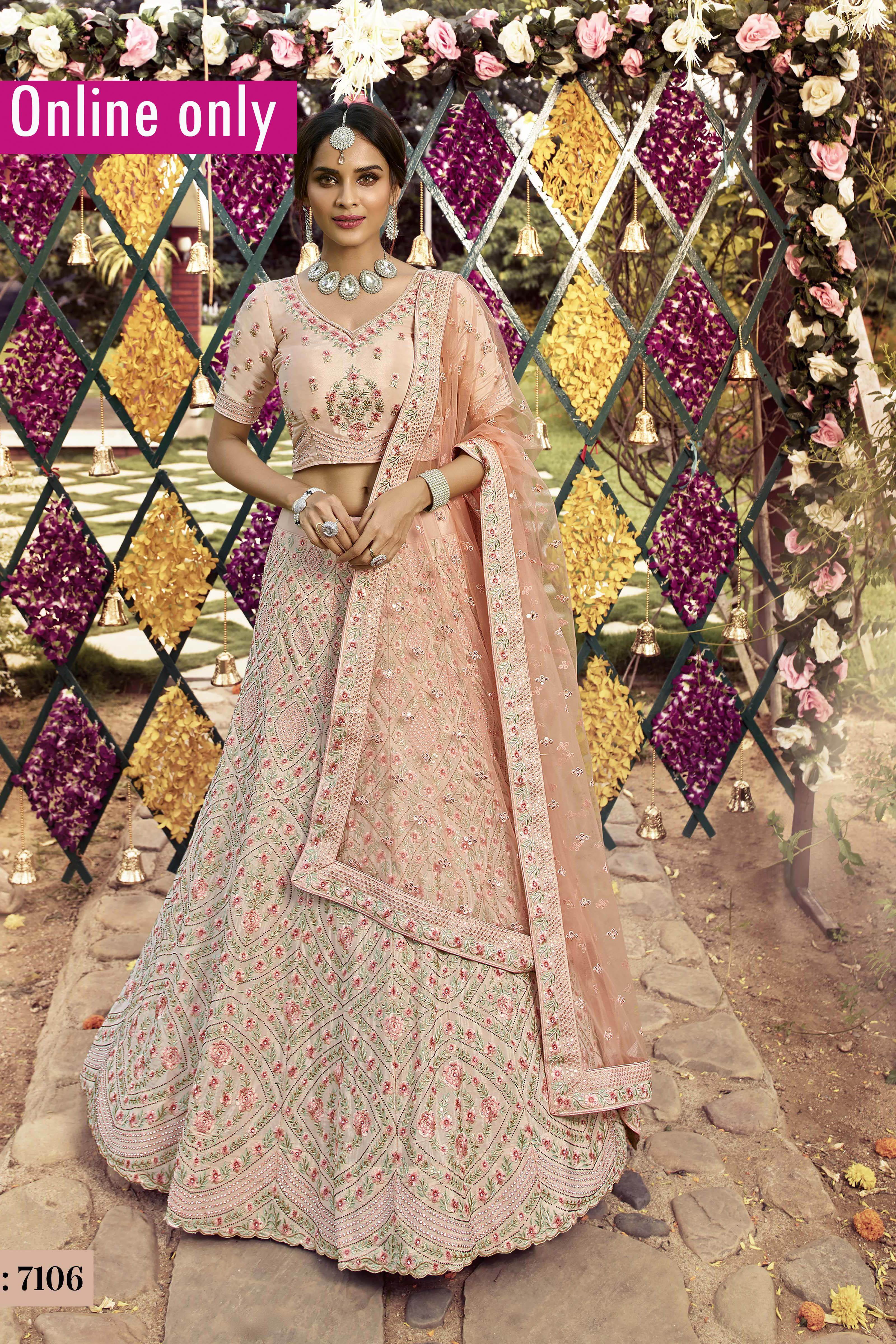 Peach Bollywood Designer Women Wear Wedding Crepe Chaniya Choli