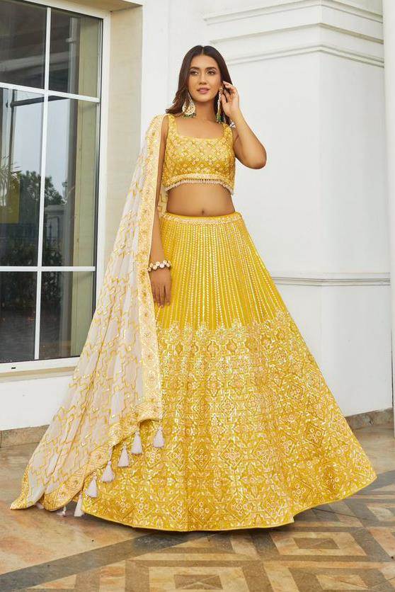 Shop Alluring Yellow Viscose Silk Traditional Bridal Lehenga Choli –  Empress Clothing
