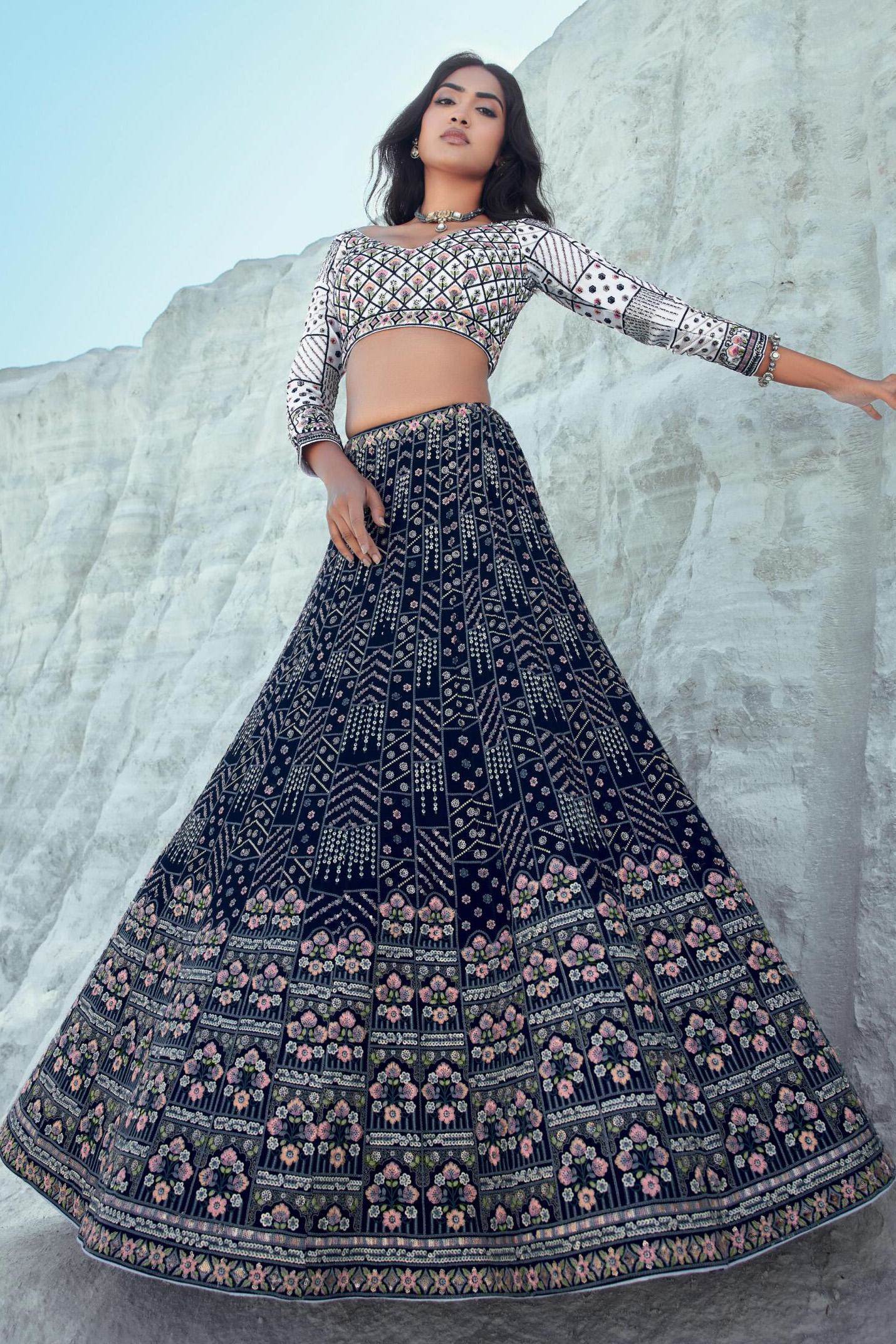 White & Blue Jamawar Lehenga Choli - Etsy Israel