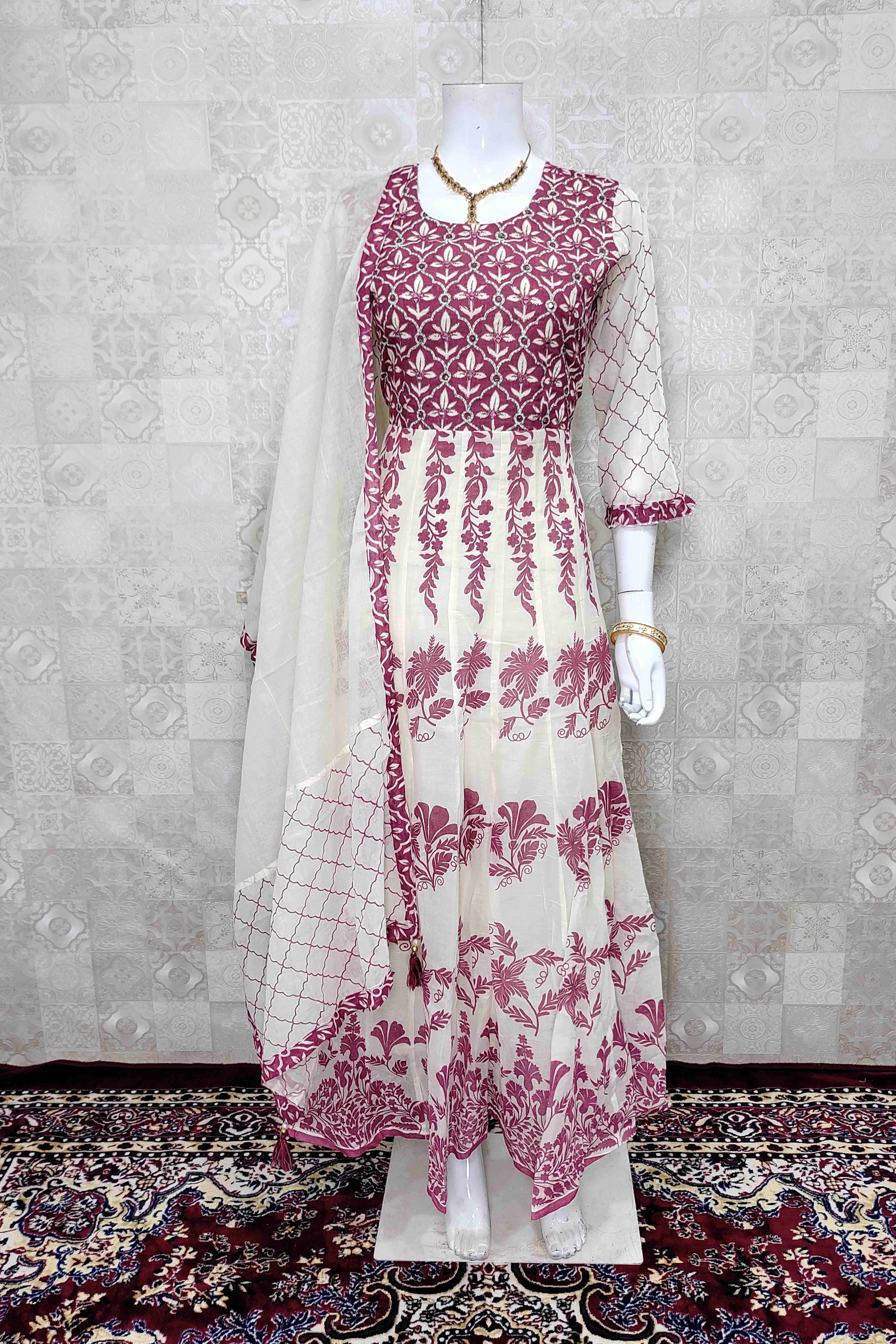 Banaras maxi Gorgeous off white and purple color combination pattu long  frock with benarsi dupatta 2020