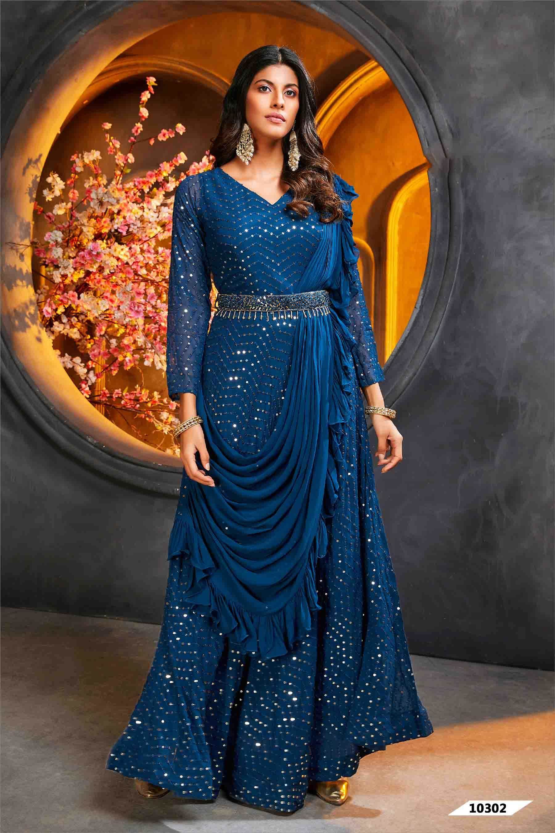 Silk Embroidery Gown In Navy Blue Colour - GW1355764