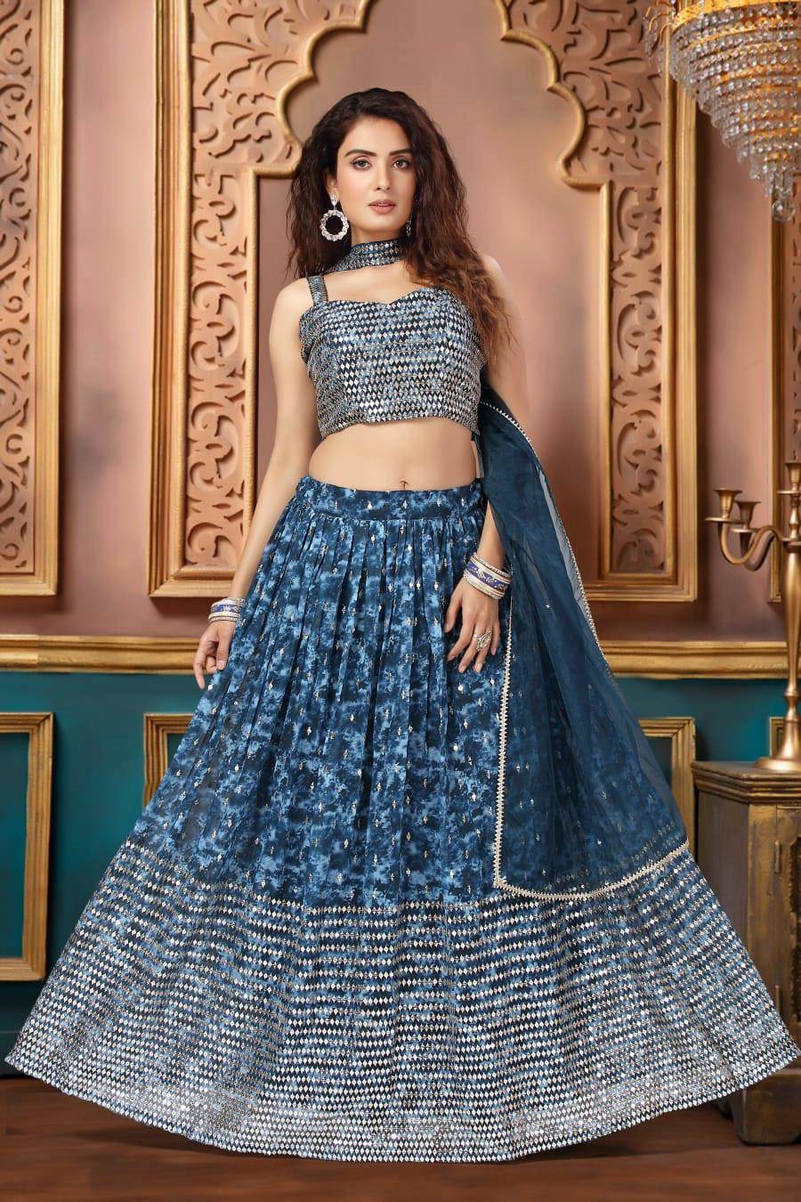 Grey & Blue Banarasi Silk Lehenga Choli with Khatli and Heavy Embroide –  Ethnos