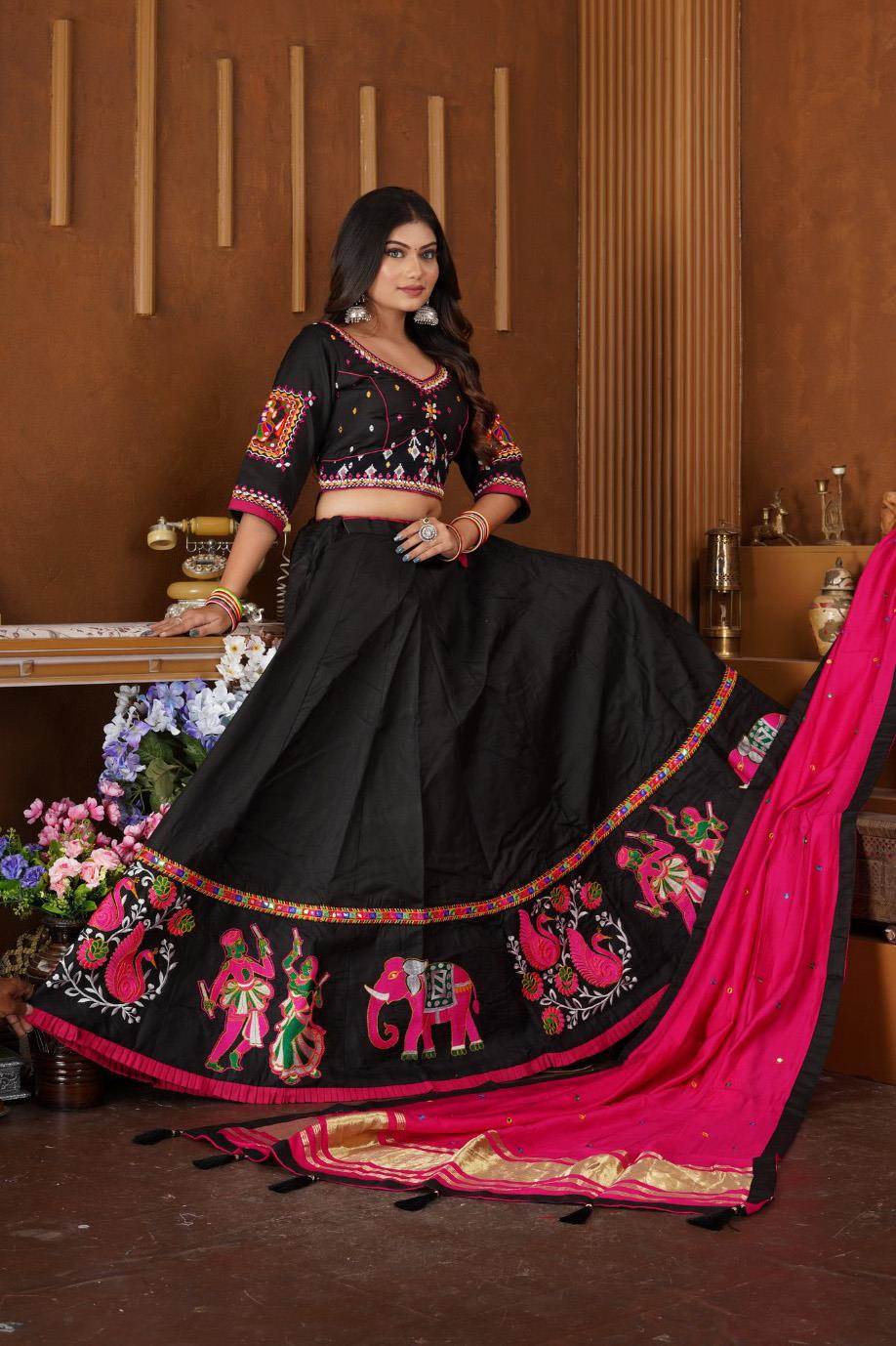 Black and Pink Netted Flared Lehenga Choli | S3BL783 – S3 Fashions