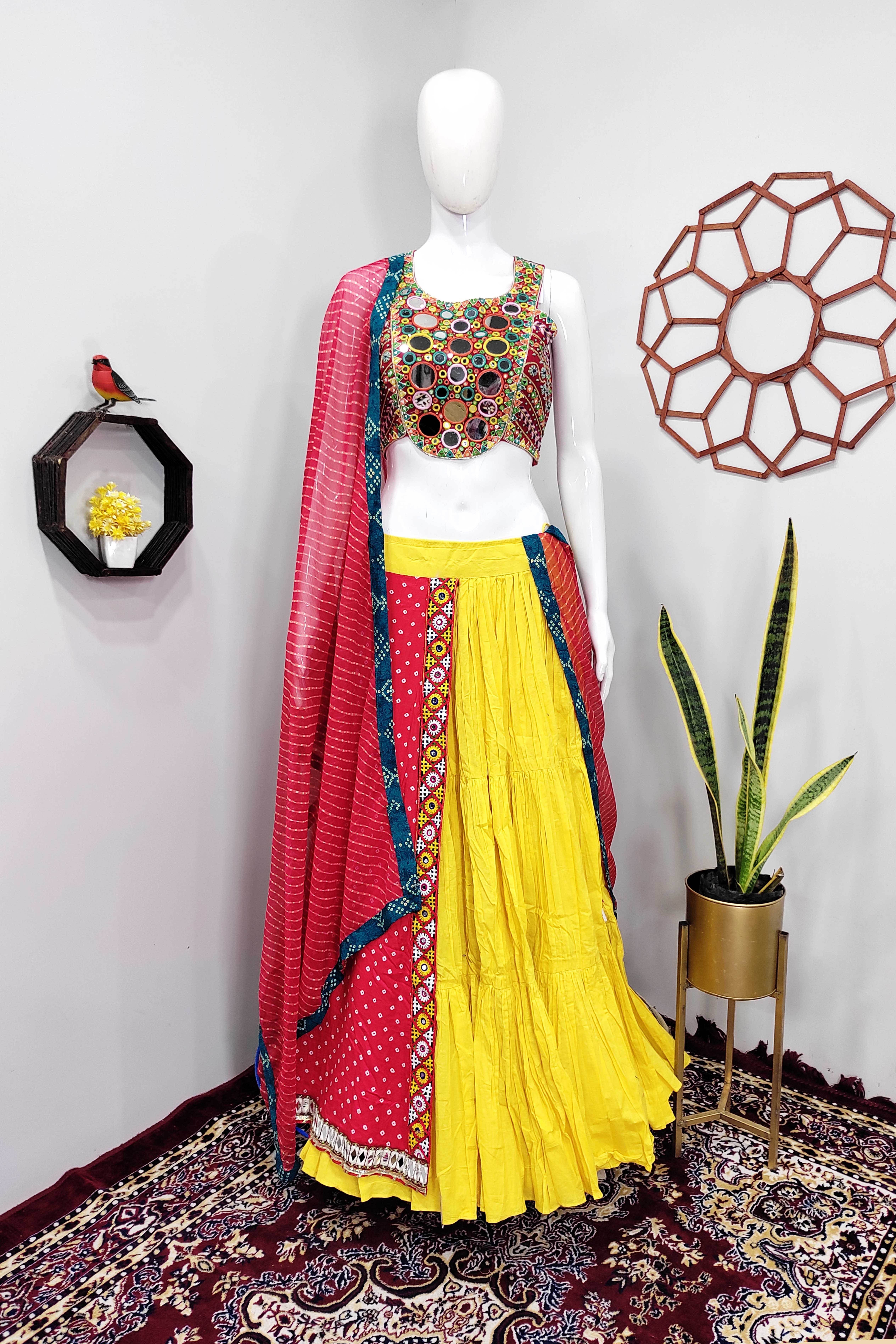 Rani Pink with Rama Green Banaras, Stone, Mirror and Beads work Leheng –  Seasons Chennai