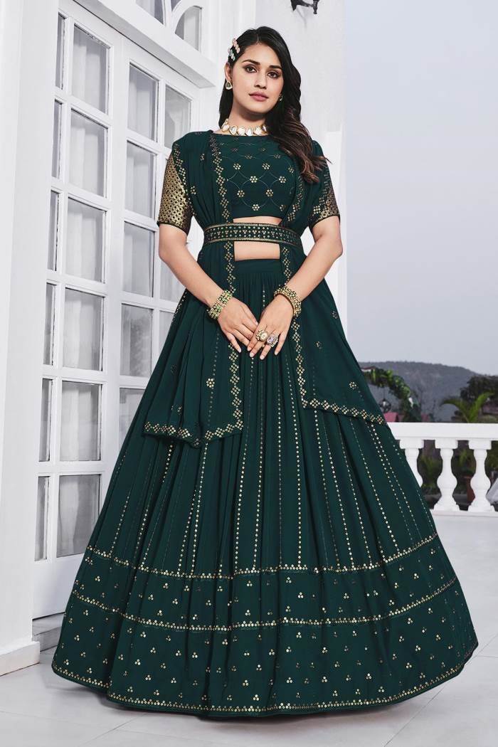 Embroidered Mehndi Dress in Dark Green Lehenga Choli Style – Nameera by  Farooq