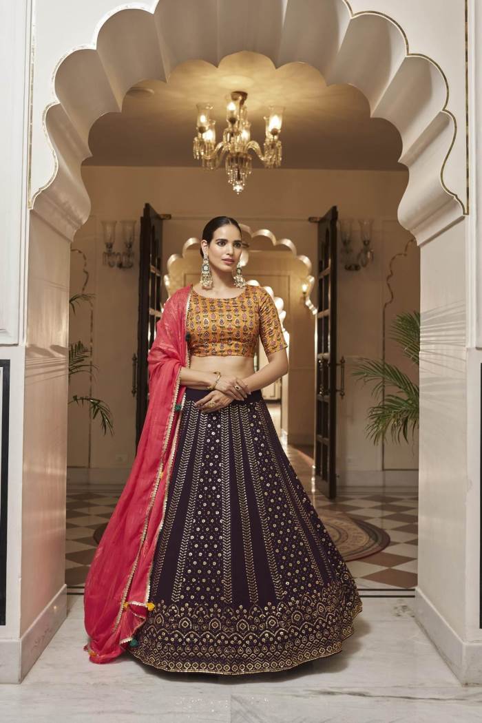 Maroon Lehenga Choli Thread embroidered with stone pasting A